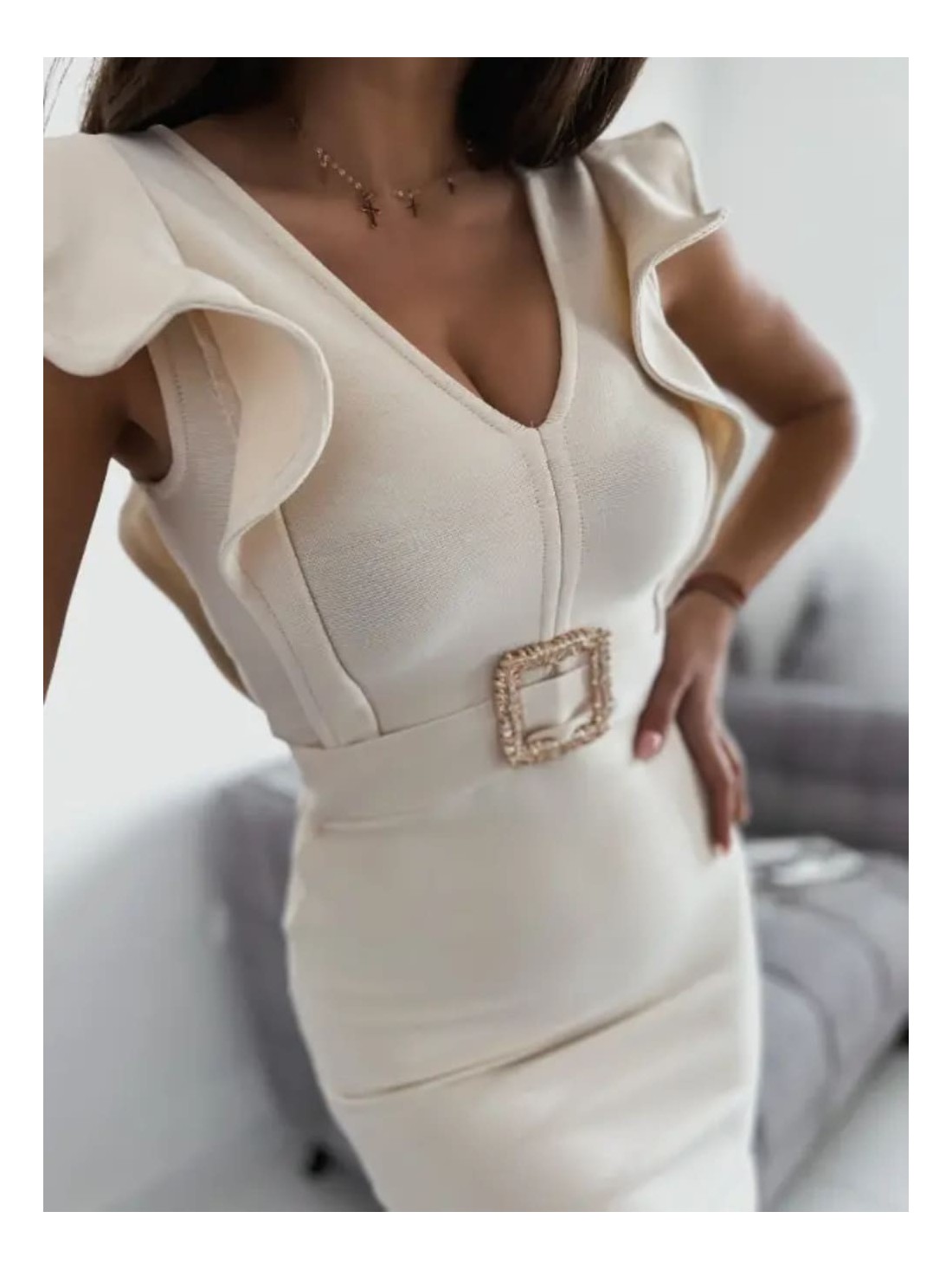 Cream pencil dress with ruffles SFA0157